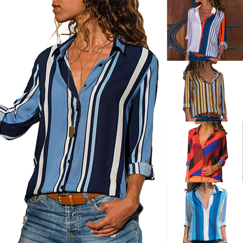 Women's Striped Chiffon Long Sleeve Shirt
