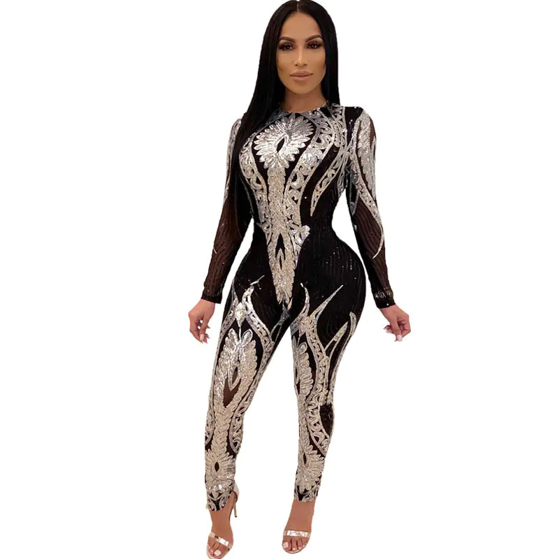 Women's Sequin Long Sleeve Sheer Jumpsuit