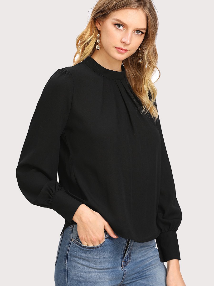 Women's Pleated Stand Collar Chiffon Shirt Women's Tops & T-shirt Unbranded Black XS