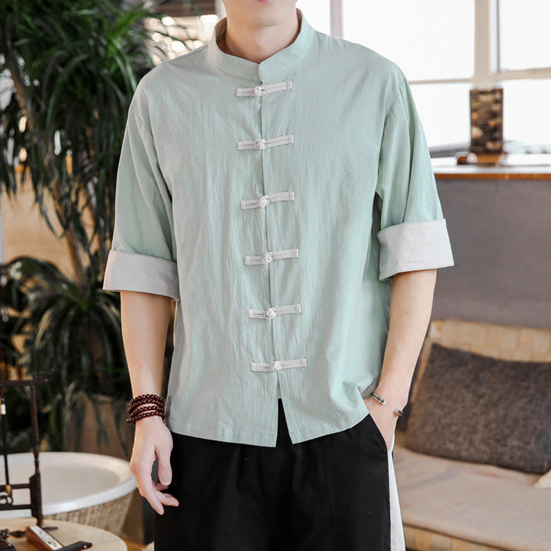 Chinese Style Linen Short Sleeve Shirt ILLUSION CO green 5XL