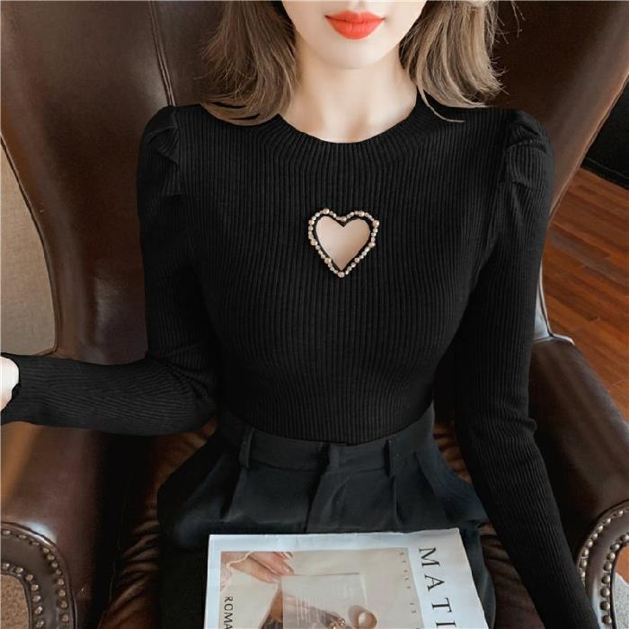 Women's Hollow Heart Beaded Knitted Bottom Shirt