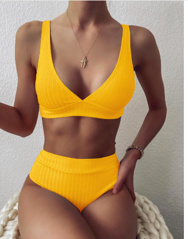 Women's High Waist Bikini Set With V Neck Design