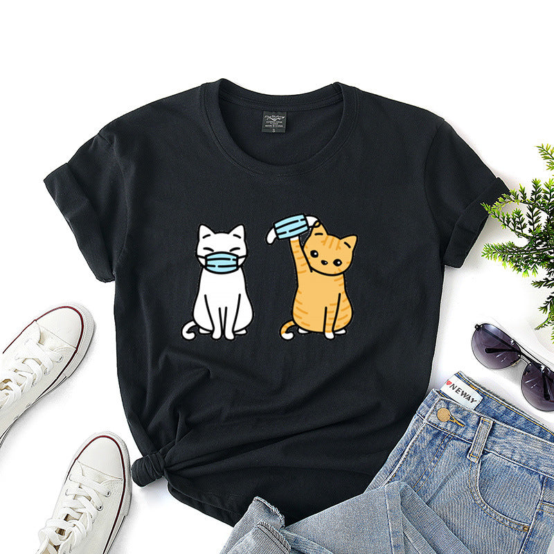 Women's Cartoon Cat Short Sleeve T Shirt