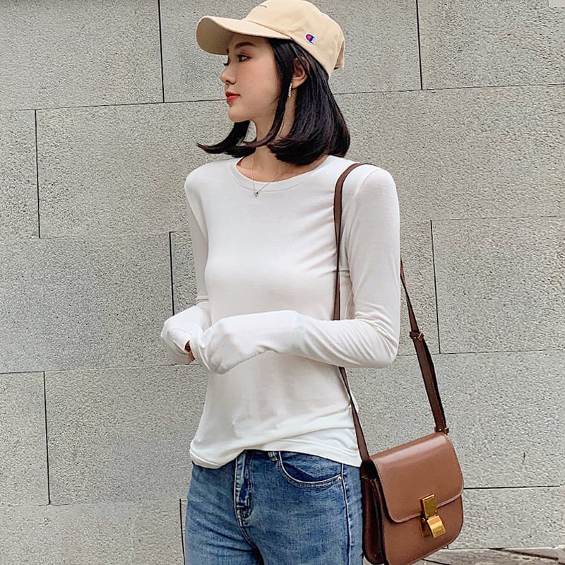 Women's Slim Fitted Long Sleeve Viscose Crew Neck Tops Women's Tops & T-shirt Unbranded White M