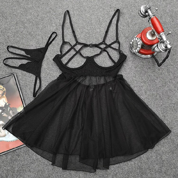 Women's Lingerie Nightdress With Adjustable Straps & Temptation Women's Lingerie Unbranded Black [Night Skirt + T Pants] XXXL(160-200)