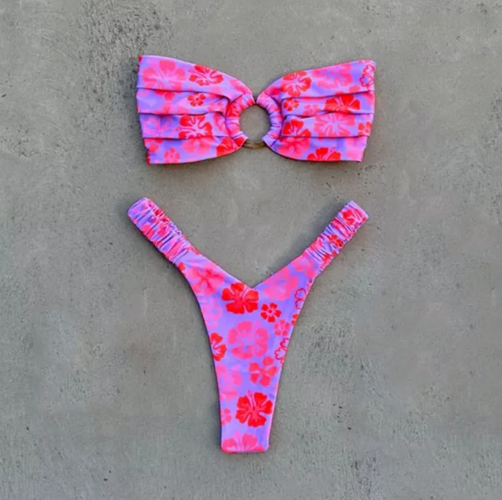 Women's Printed Pleated Bikini Women's Bikini Unbranded Rose Red L