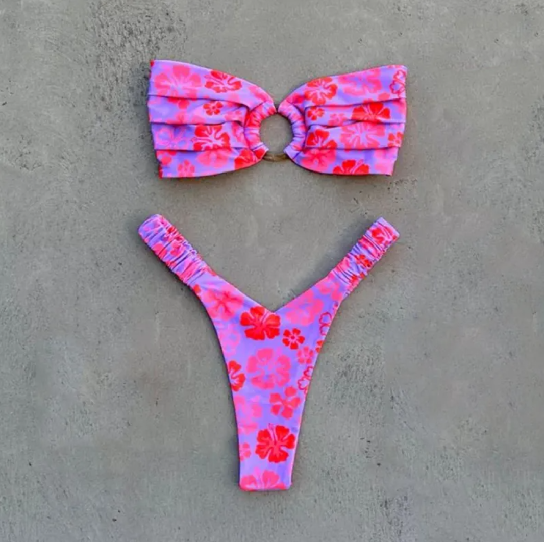 Women's Printed Pleated Bikini Women's Bikini Unbranded Rose Red L