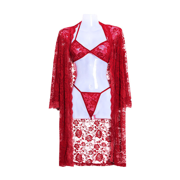 Women's Lace Lingerie Plus Size 3 Piece Set Women's Lingerie Unbranded Claret XL