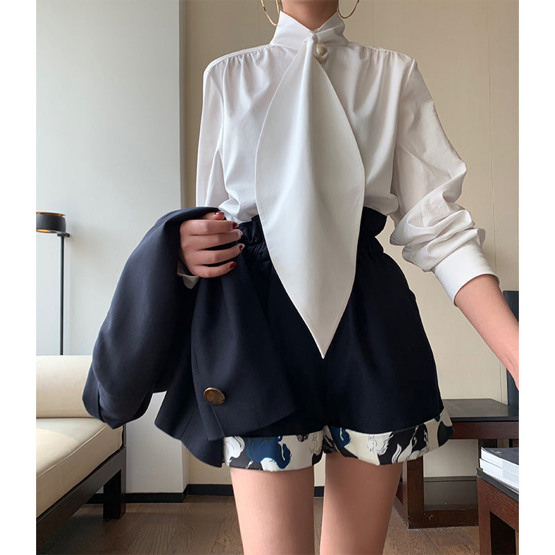 Women's Pearl Scarf Collar White Shirt