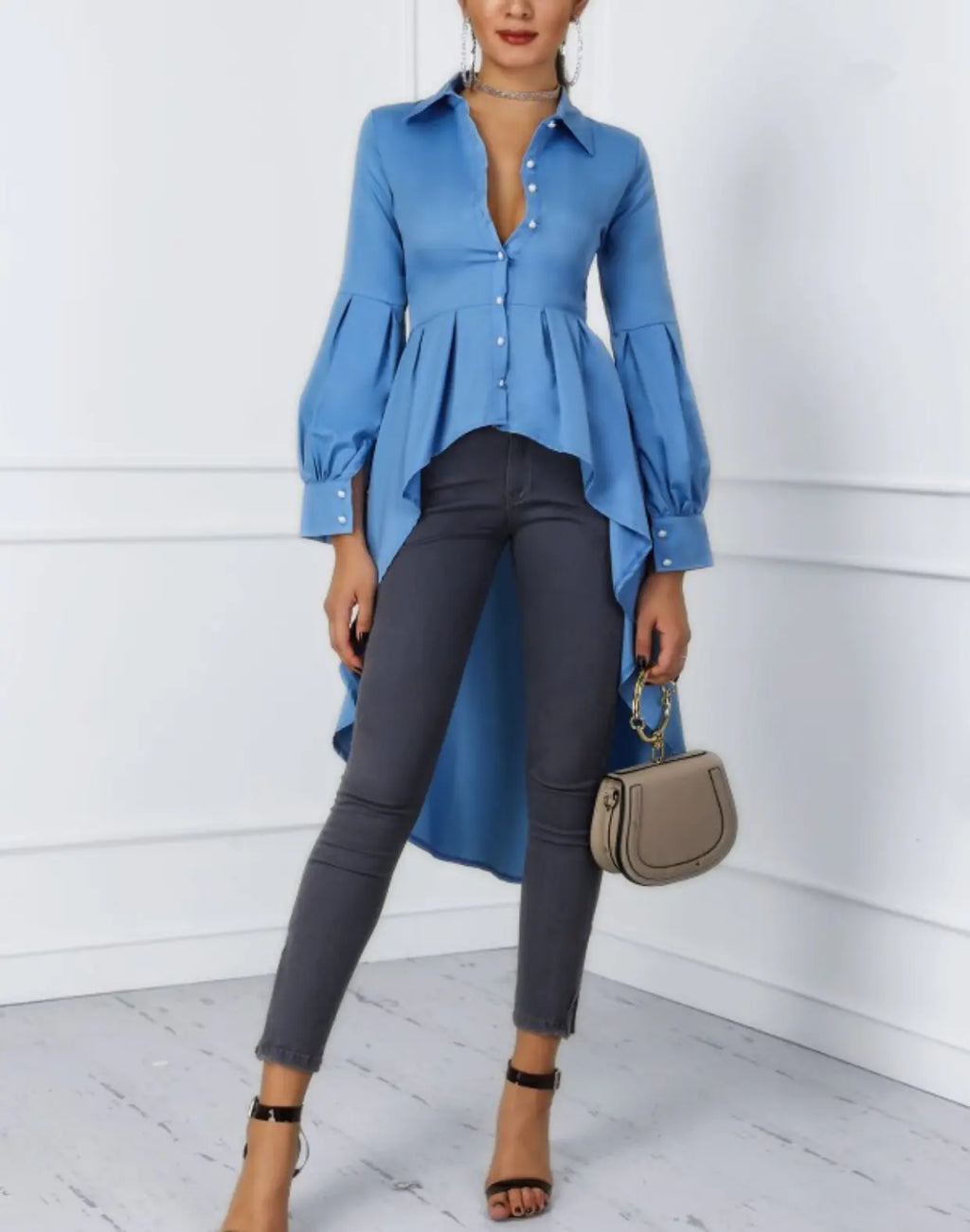 Women's Solid Color Lantern Sleeve Tail & Button Shirt Dress