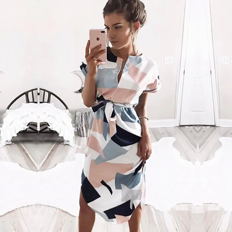 Women's V Neck Printed Midi & Striped Dress