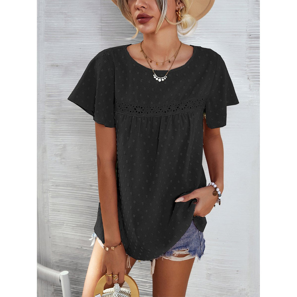 Women's Solid Color Lace Babydoll Short Sleeve Tops
