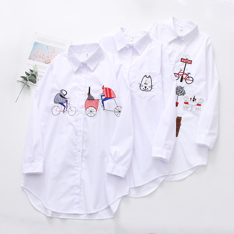 Women's Harajuku Embroidered White Shirt Long Sleeve