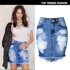 Women's Bodycon Midi Ripped Denim Skirt ILLUSION CO Cowboy blue 40
