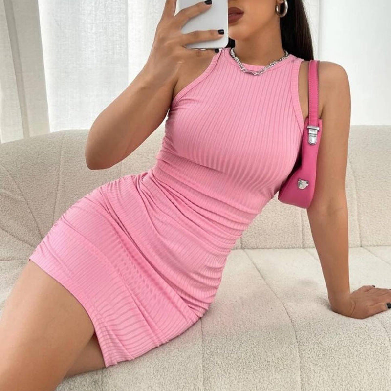 Sleeveless Round Neck Pleated Slim-fit Sheath Dress