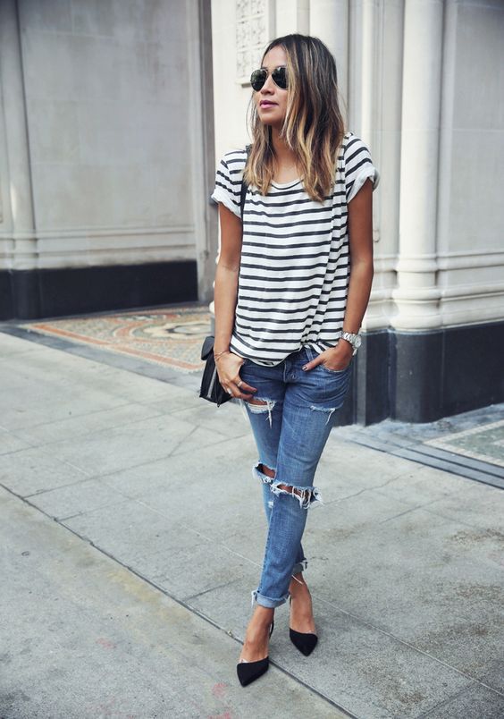 Women's Striped Short Sleeve Loose T Shirt