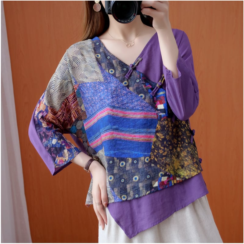 Women's Retro Printed Diagonal Ramie Buttoned Shirt
