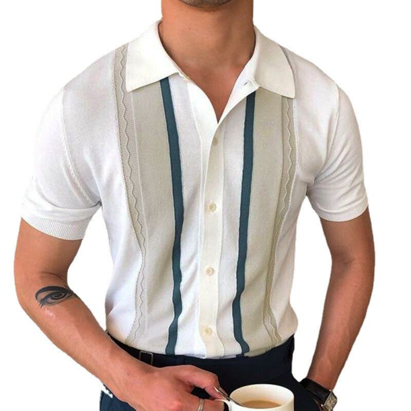 Men's Knit Polo Shirt Striped Casual Style