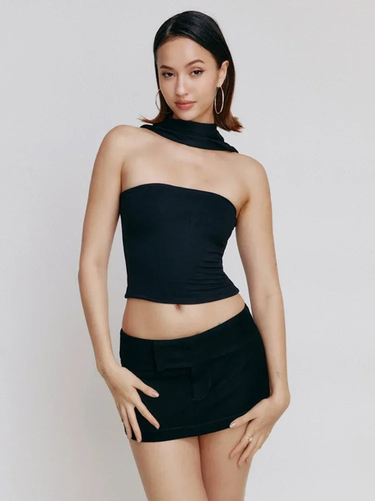 Women's Halter Backless Satin Crop Tops ILLUSION CO Black Medium