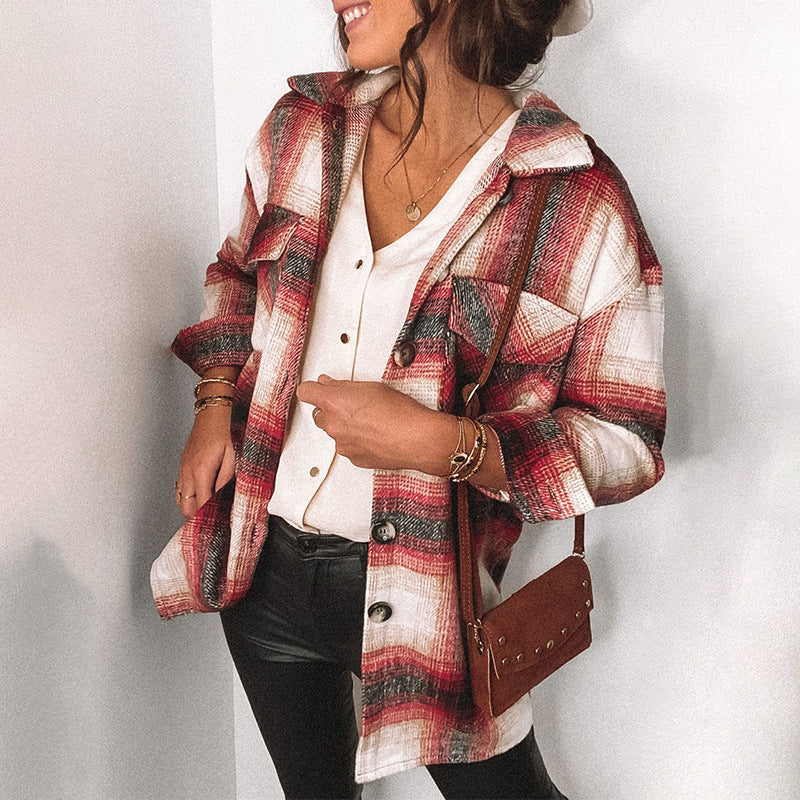 Women's Plaid Stitching Long Sleeve Lapel Shirt