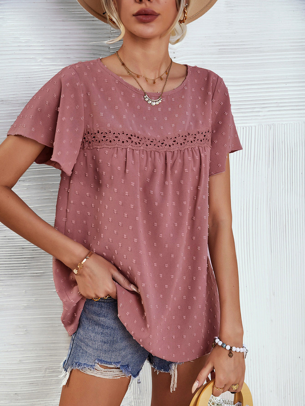 Women's Solid Color Lace Babydoll Short Sleeve Tops