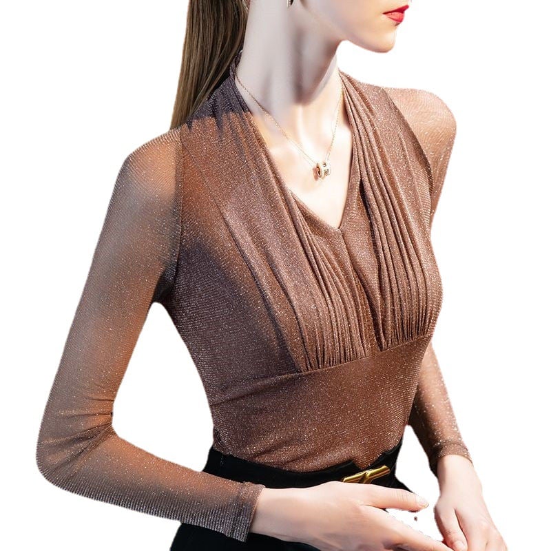 Women's V Neck Long Sleeved Tops Women's Tops & T-shirt Unbranded Coffee 2XL