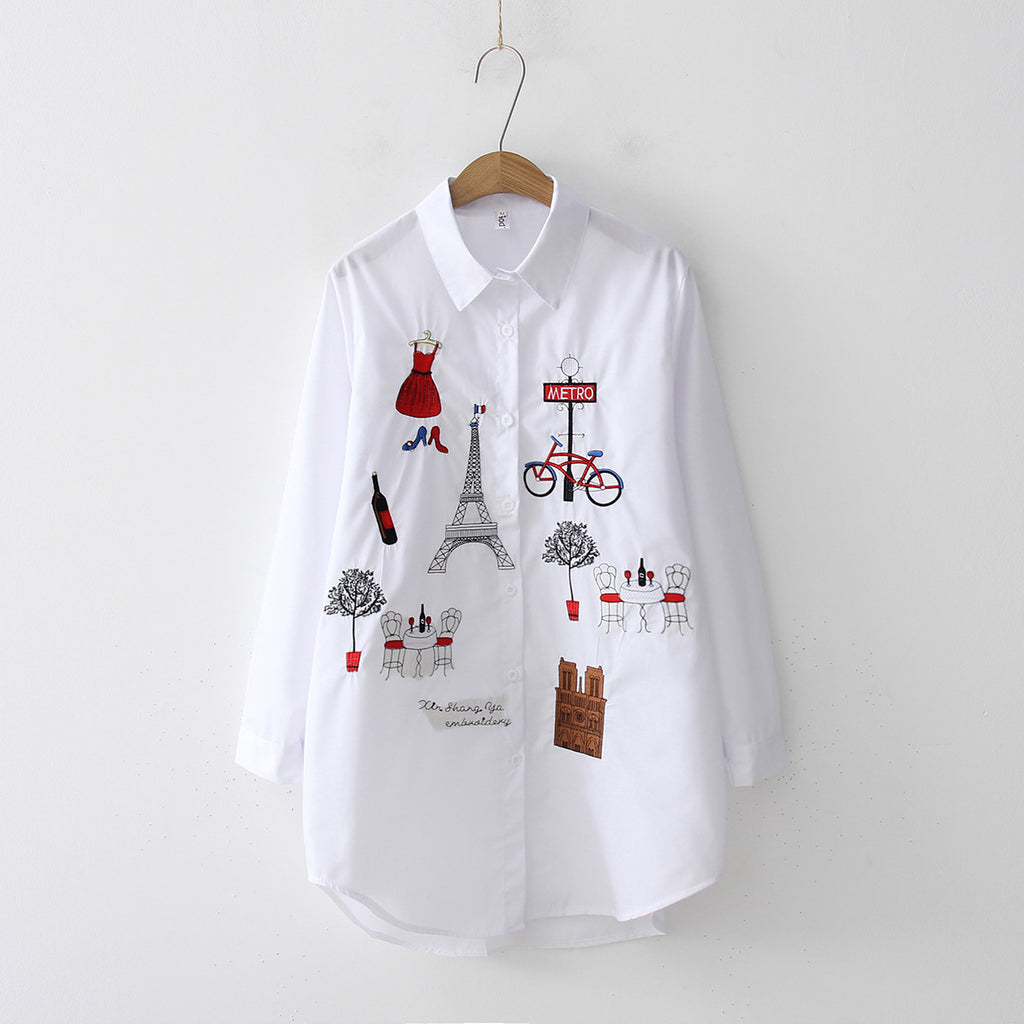 Women's Harajuku Embroidered White Shirt Long Sleeve