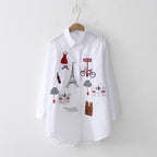 Women's Harajuku Embroidered White Shirt Long Sleeve