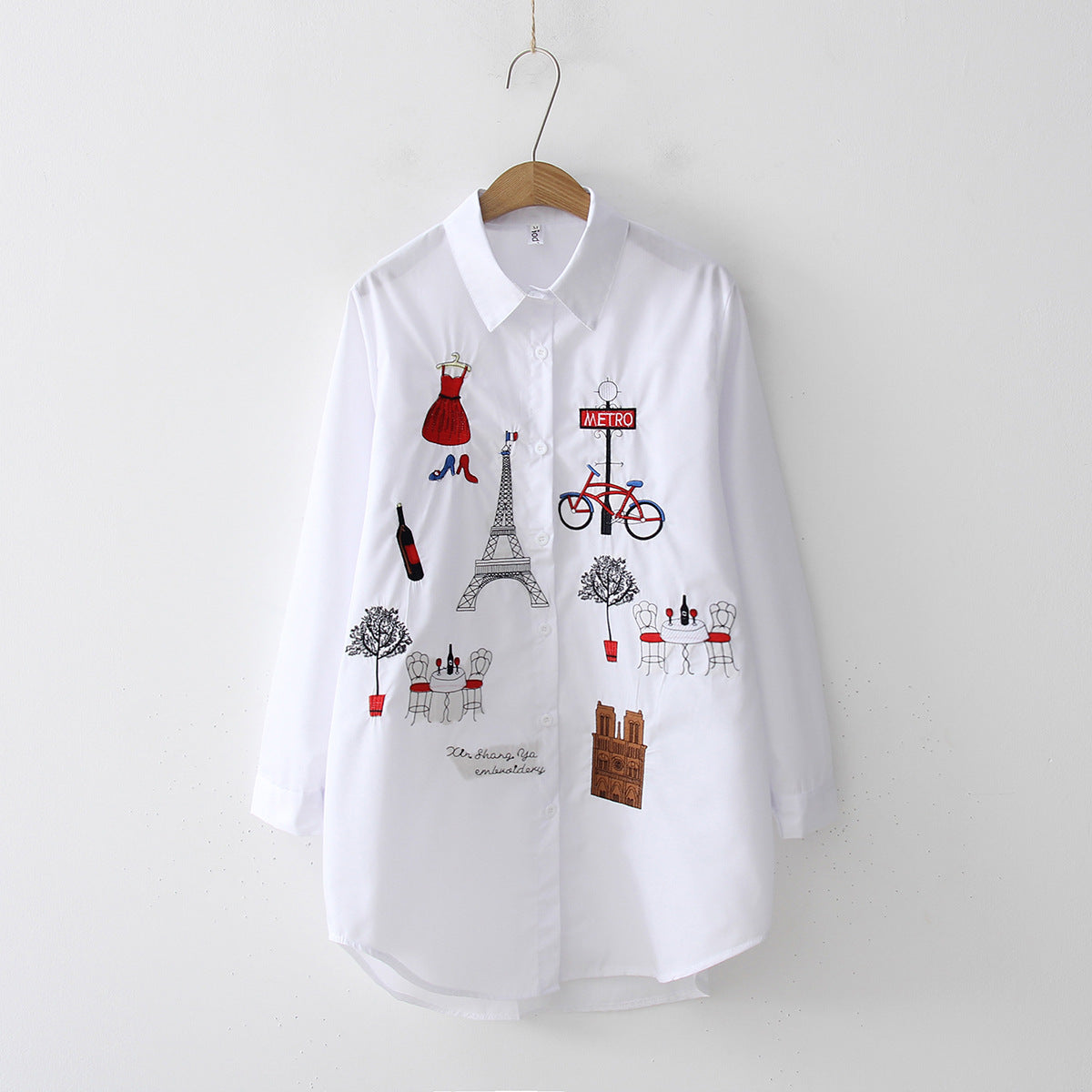 Women's Harajuku Embroidered White Shirt Long Sleeve
