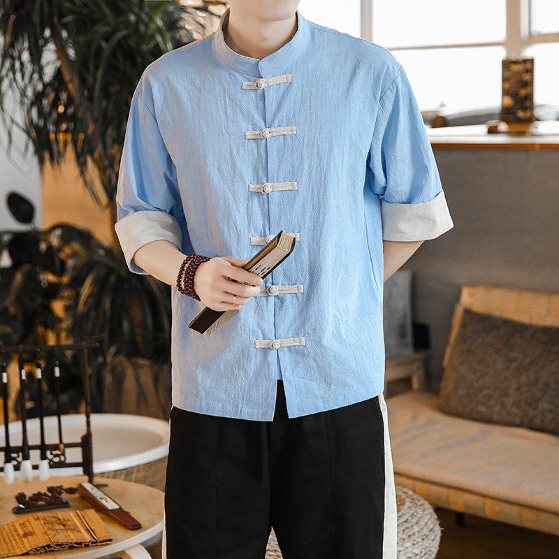 Chinese Style Linen Short Sleeve Shirt ILLUSION CO blue XL