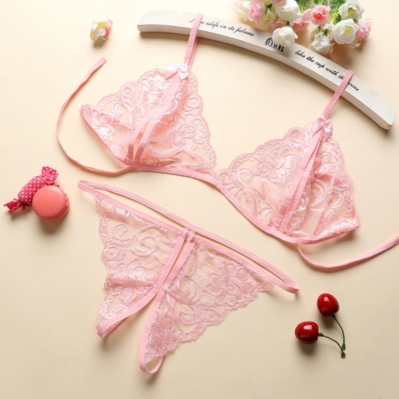 Women's Lace Three Piece Open Crotch Lingerie Set Women's Lingerie Unbranded Pink One Size