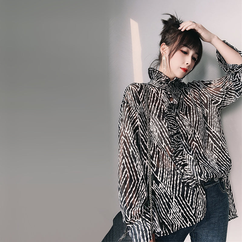 Women's Stand Collar Ruffled Chiffon Shirt