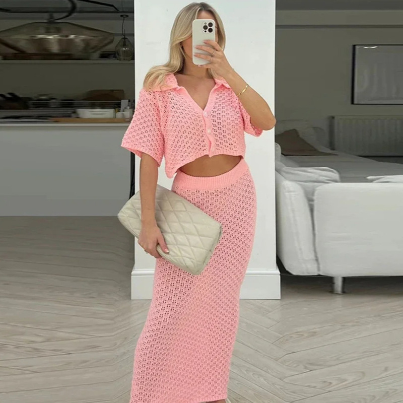 Women's Knitted Crochet Two Piece Skirt Set