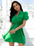 Women's Lapel Belted Short Sleeve Shirt Dress
