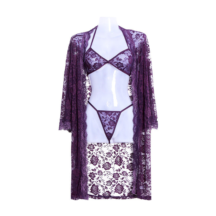 Women's Lace Lingerie Plus Size 3 Piece Set Women's Lingerie Unbranded Purple M