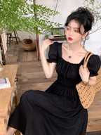 Women's French Court Style Square Neck Dress With Bubble Sleeves