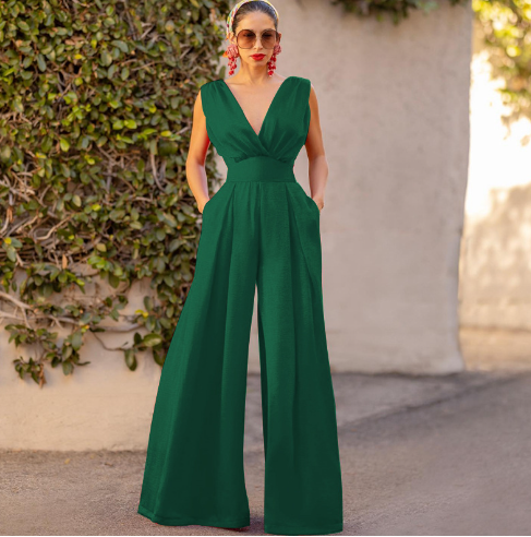 V neck High Waist Wide Leg Jumpsuit for Women (One Piece) Main image