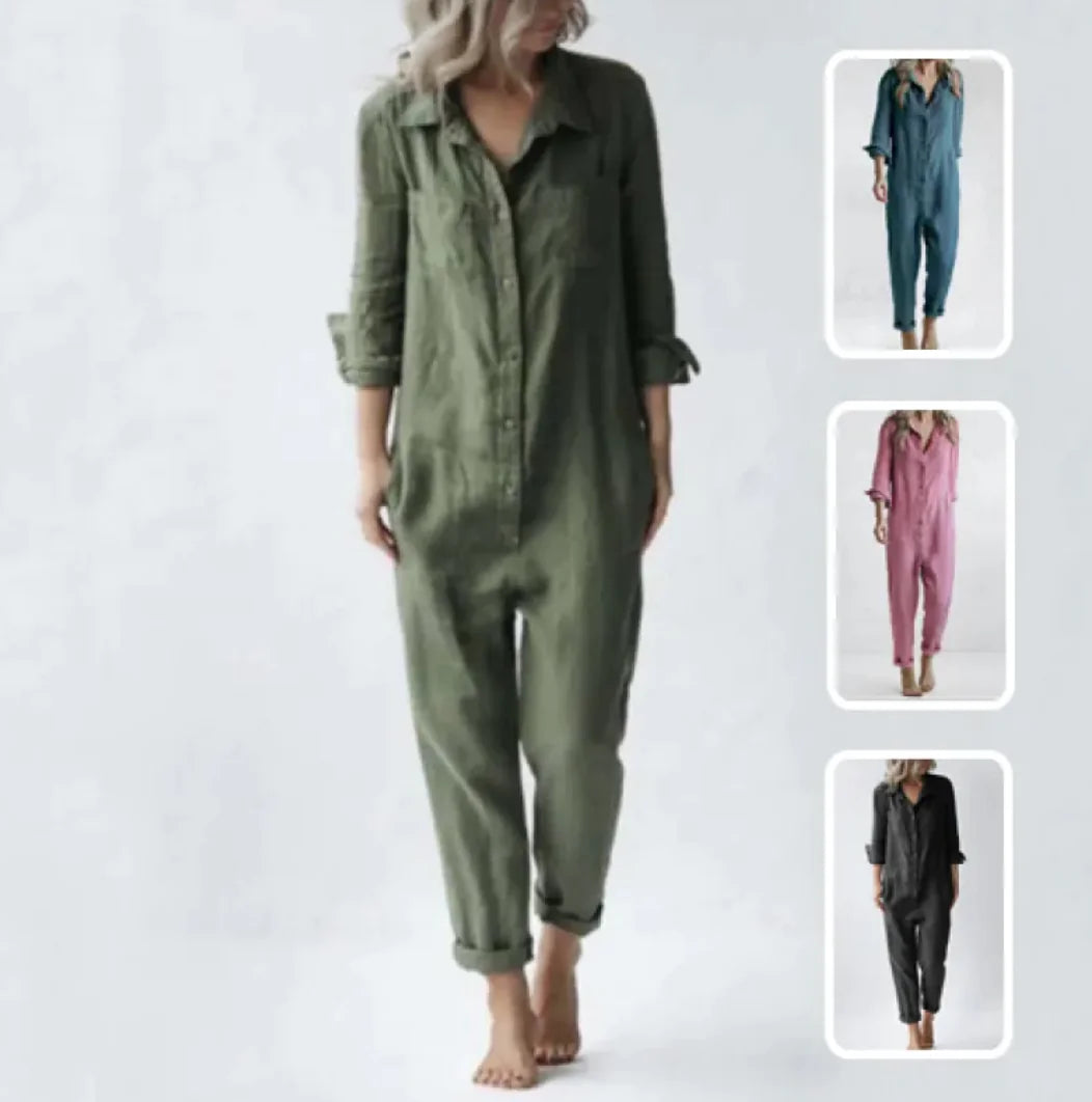 Womens Casual Long Sleeve Button Jumpsuit