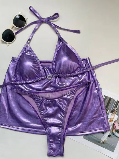 Women's Sexy Triangle Metal Bikini Set with Mini Skirt - 3 Pieces