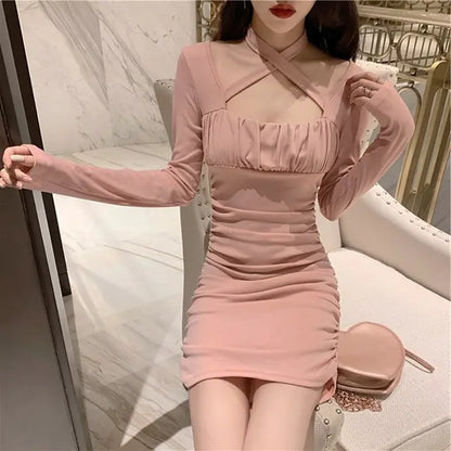Women's Long Sleeve Short Dress With Tie