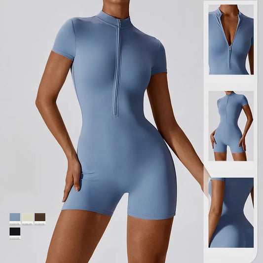 Women's Zipper Short Sleeve Yoga Jumpsuit