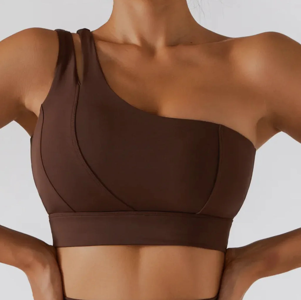 Women's Ribbed One Shoulder Stretch Yoga Bra & Shockproof Activewear Set