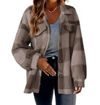 Plush Plaid Womens Autumn And Winter Open Button Lapel Thermal Plaid Pattern Jacket