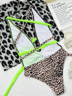 Women's Two Tone Backless Deep V Bikini Swimsuit