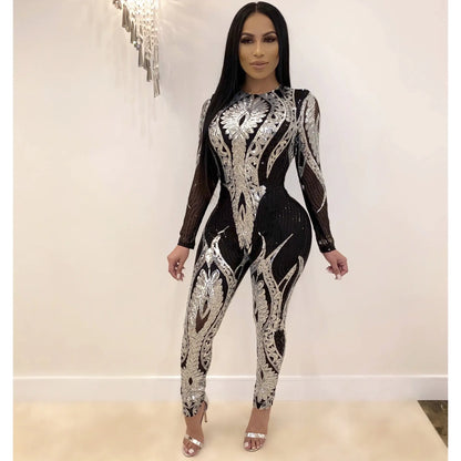 Women's Sequin Long Sleeve Sheer Jumpsuit