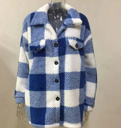 Plush Plaid Womens Autumn And Winter Open Button Lapel Thermal Plaid Pattern Jacket
