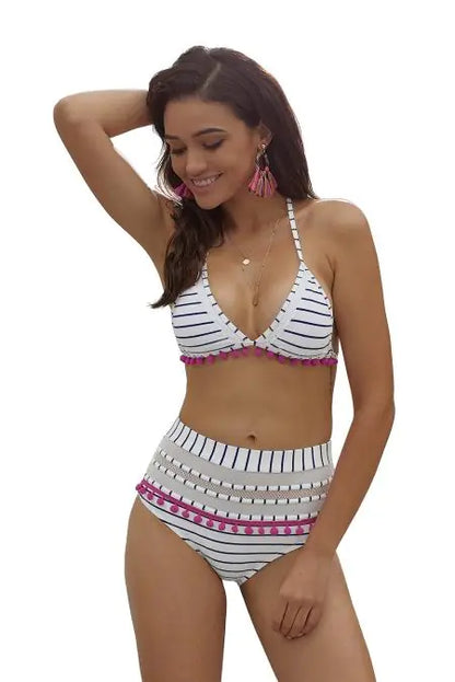 Women's Blue White Striped Pom Pom Bikini
