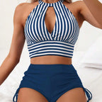 Women's High Neck Striped Bikini Two Piece Set