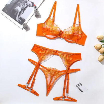 Ellolace Orange Lace Embroidery Lingerie Set Sexy Transparent 3 Piece Mesh Bra & Shorts