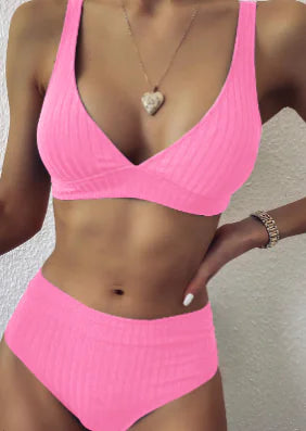 Women's High Waist Bikini Set With V Neck Design